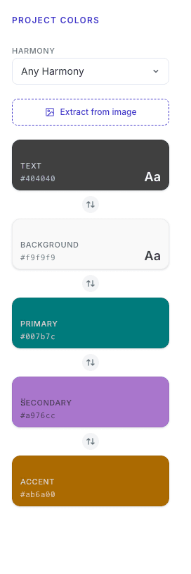 TintScale color panel — shade ramps for text, background, primary, secondary, and accent roles with harmony selector and image extraction