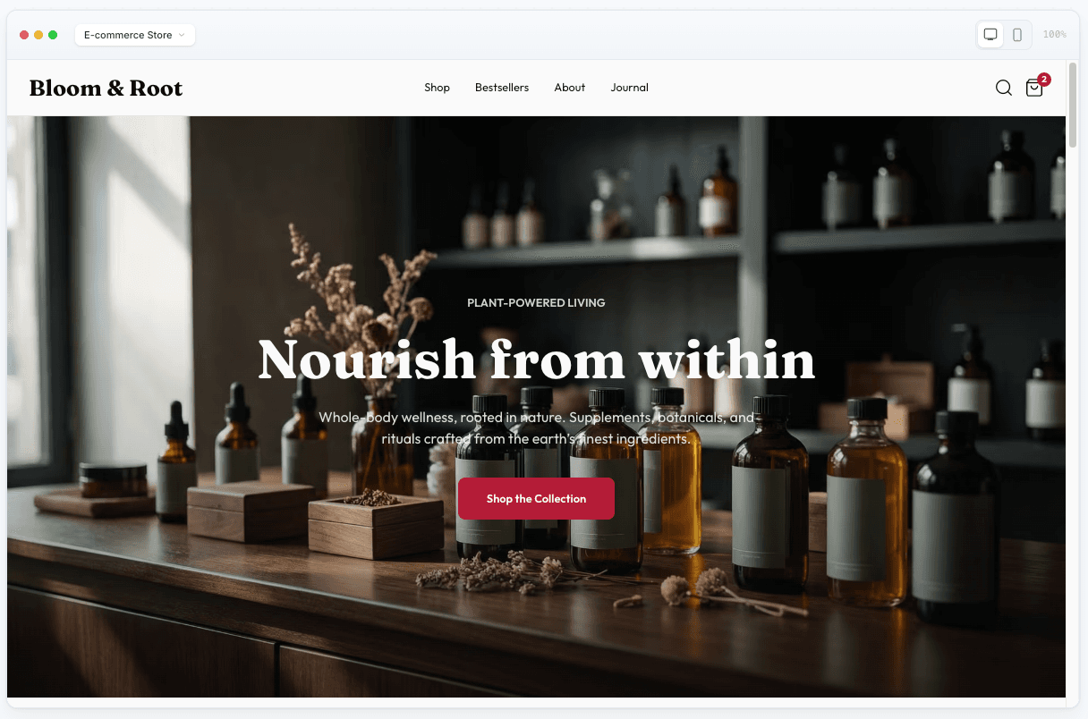 TintScale live preview — SaaS landing page template with browser chrome, template selector, and responsive toggle